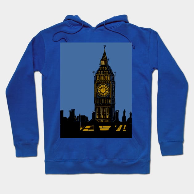 Big Ben London Silhouette Linocut Hoodie by Maddybennettart